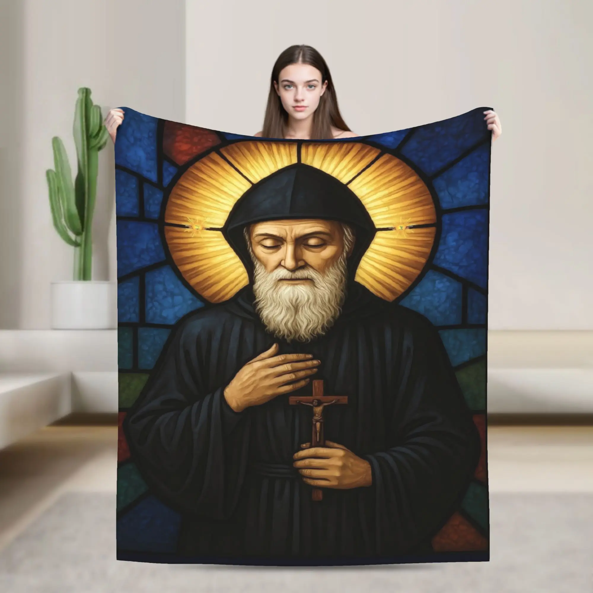 Quiet Saint Charbel Candle Dark Portrait Flannel Blanket  Warm Soft Throw Blanket for Outdoor Picnic  Bedspread Sofa Bed Cover