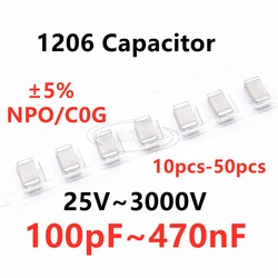 1206 SMD 캐패시터, 100, 220, 330, 470, 680, 820PF, 1/2 2/4.7/6. NPO C0G 5%, 8, 10, 15, 22, 27, 33, 39, 47, 51, 56, 68, 82, 100, 120, 150, 220, 330, 470NF