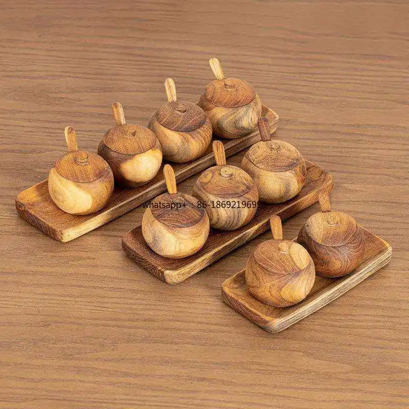 Thai Carved Solid Wood Seasoning Tank Set, Salt Tank, Japanese Seasoning Bottle, Round Retro Kitchen Storage Combination Cooking