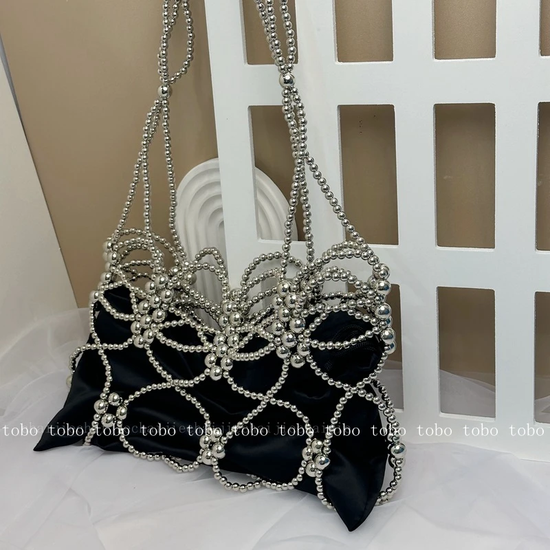 Homemade Vintage Grid Hollowing Out Silver Big Beaded Handbags with Inner Hot Sale Summer New Cool Girls Underarm Bags