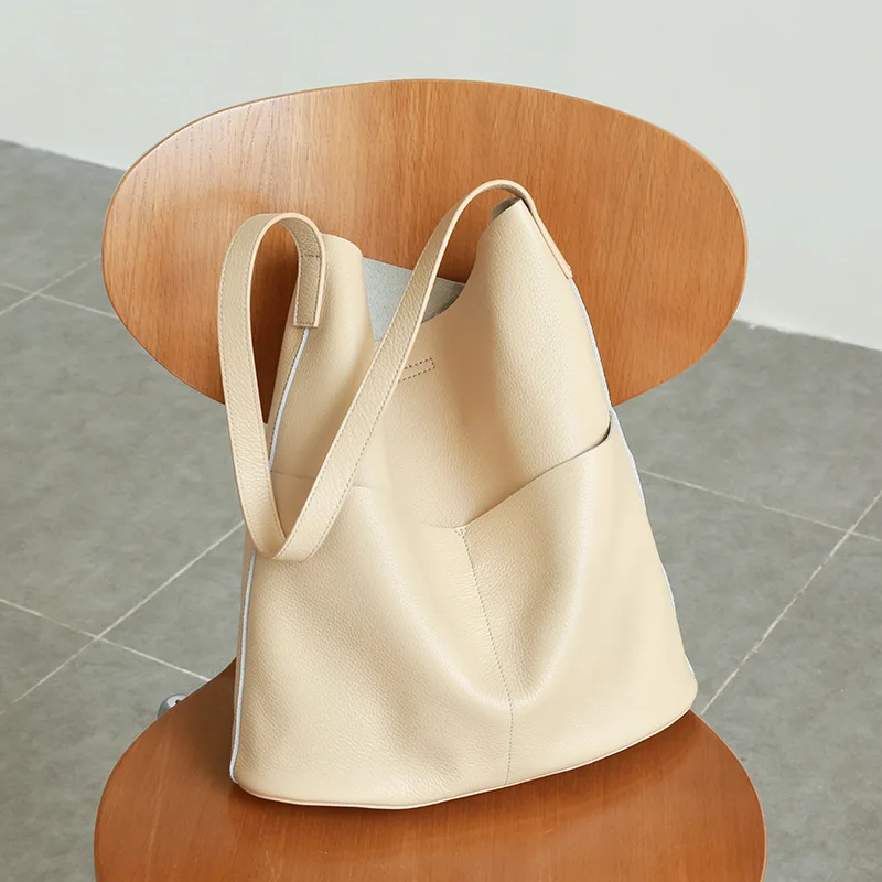 

2025 New Soft Leather Women's Bag Tote Bag Genuine Leather Simple Oak Leather Shoulder Bucket Bag