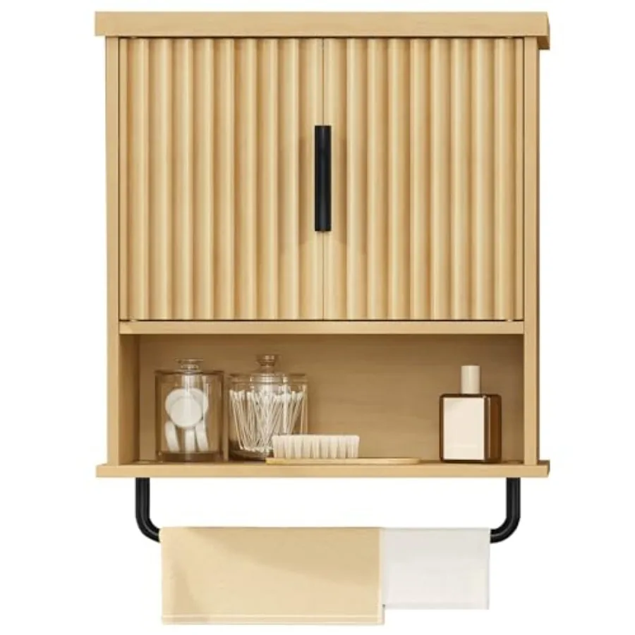 

MAXE Collection - Bathroom Cabinet Wall Mounted Over Toilet Hanging Cabinet with Adjustable Shelf Towel Bar Fluted Doors 7.9 x