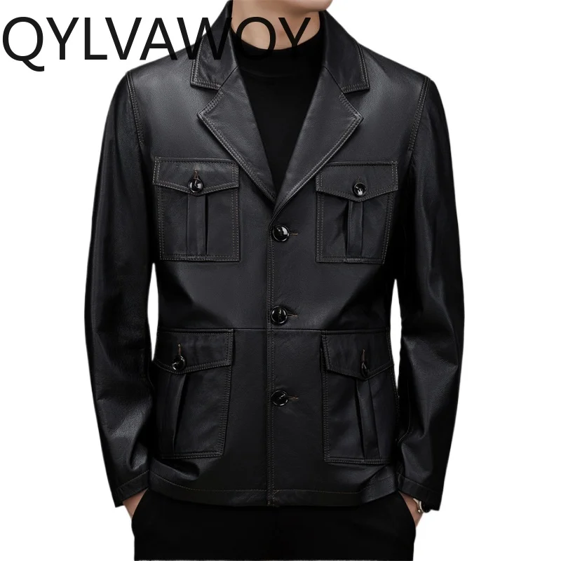 QYLVAWOY Genuine Cow Leather Jackets for Man Multi-pocket Mens Jacket Business Casual Coats New Spring Autumn Куртка Осенняя