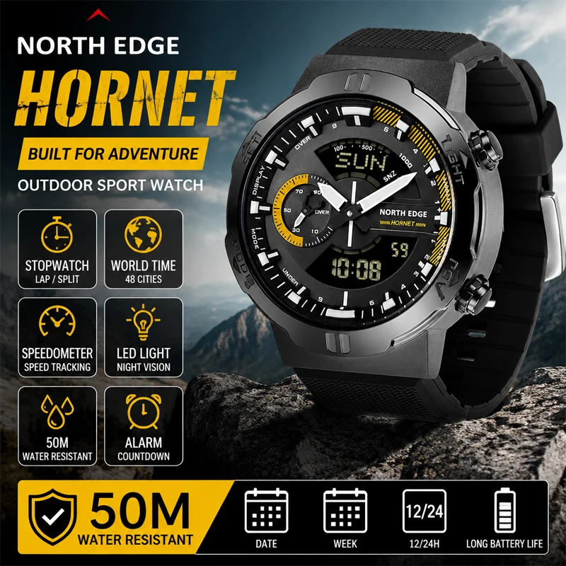 NORTH EDGE 2026 HORNET Men's Digital Watch Running Cycling Sports Watches Waterproof 50M World Time Speed Illuminator Wristwatch