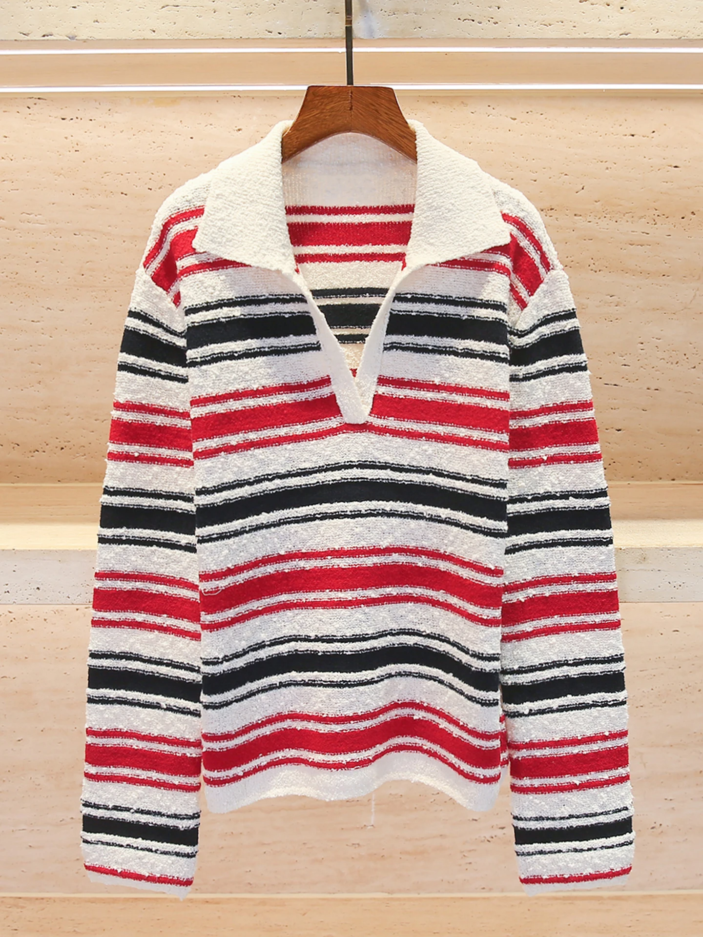 

Casual Versatile Knitwear Top Women's Premium Spring Fashion Striped Collared Sweater Red White Color Block Commute Style
