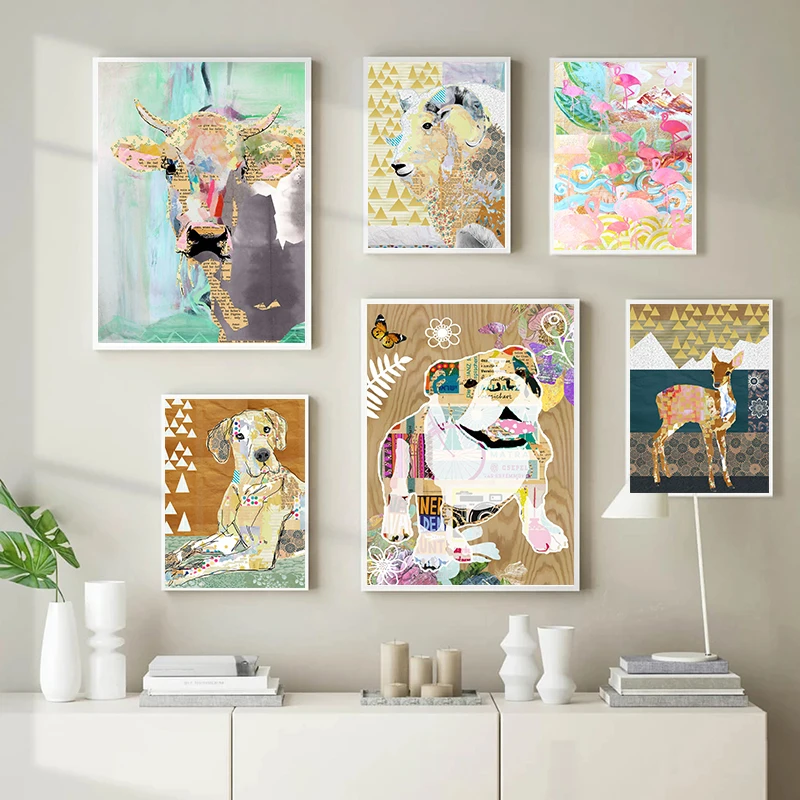 Nordic Abstract Animals Posters Alpaca Bulldog Cow Flamingo Canvas Painting Wall Picture Modern Kids Bedroom Home Decoration