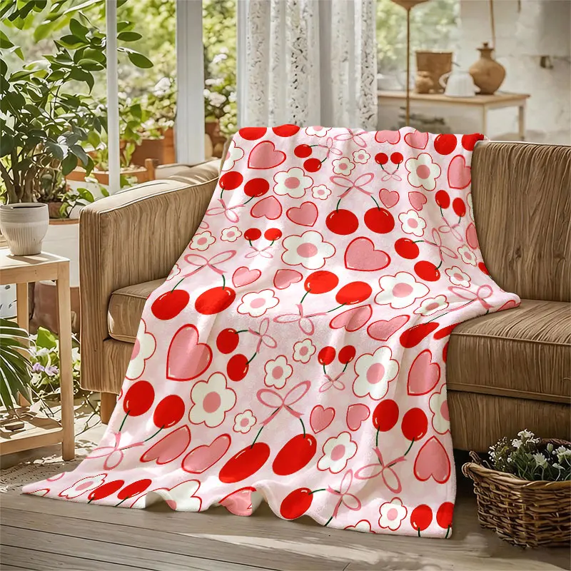 Cherry Heart Floral Flannel Blanket Warm Soft Halloween Christmas Decorative Couch Warm Cozy All-Season Gift