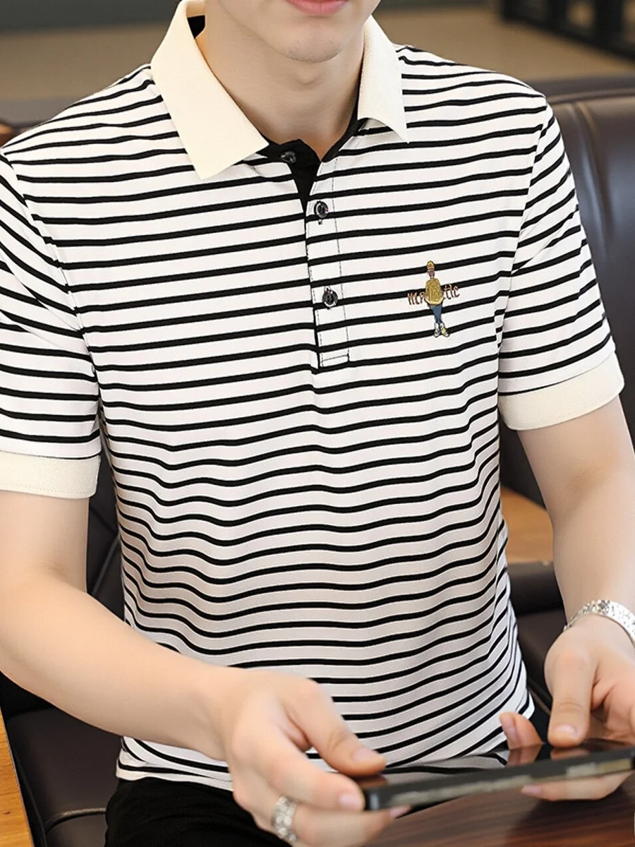 

Летняя тонкая свободная повседневная футболка из ледяного шелка в полоску для мужчин, высококачественная, легкая, дышащая