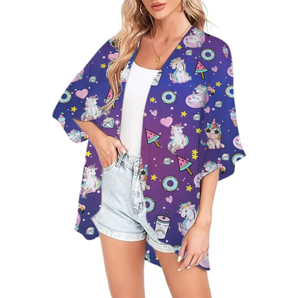 Cartoon Printed Kimono Cover-ups Fashion Hawaii Beach Cute Women's Cover Ups Swimwear Kimono Beach Outing Tops Tees For Women