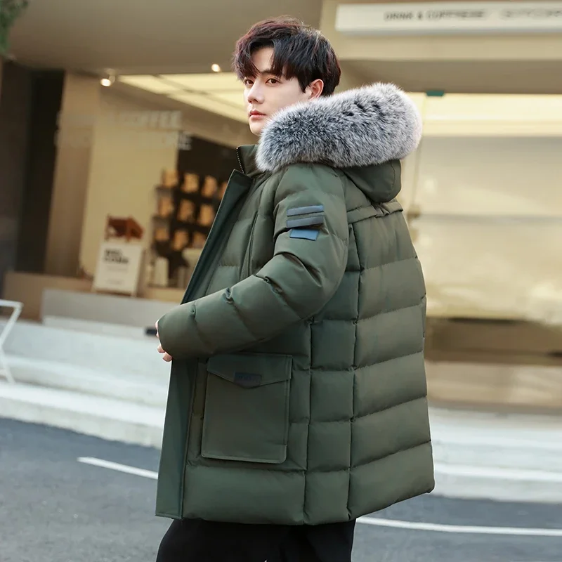 

Мужской уличный высококачественный ветрозащитный дышащий толстый пуховик зимний толстый ветрозащитный теплый с шапкой длинный хлопковый гусиный пух