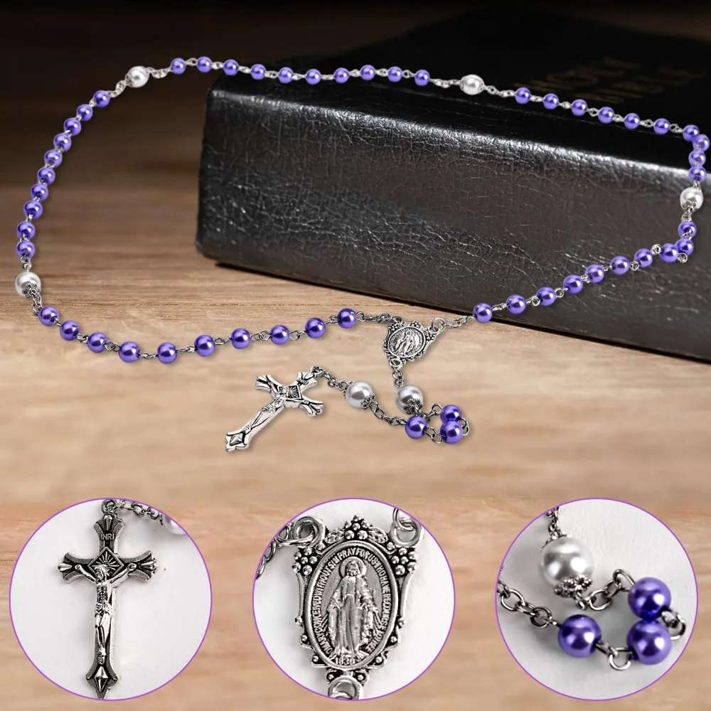 1-5 Sets Catholic Pearl Cross Rosary Necklace Glass Beads with Miraculous Box for Baptism First Communion Prayer Religious Gift - view 4