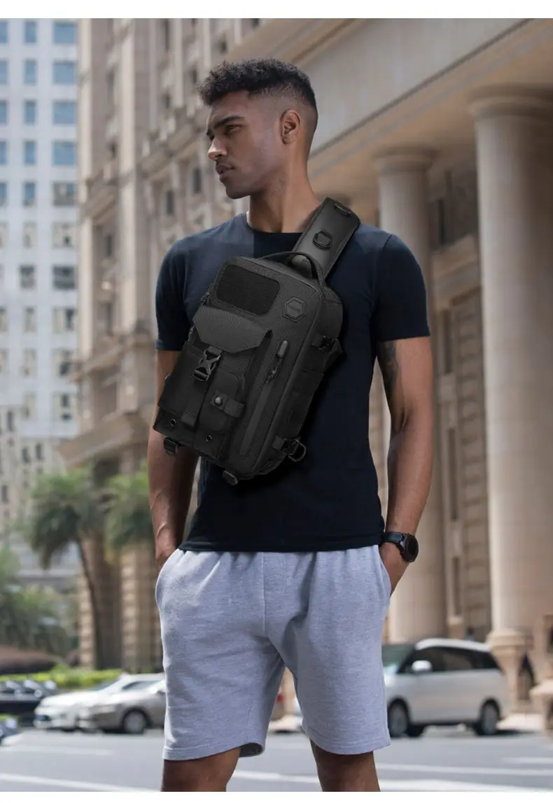 OZUKO Umhängetasche für Herren, Brusttasche, wasserdicht, taktische Taille, Umhängetasche, Reißverschluss, modisch, Outdoor-Sport, großes Fassungsvermögen, Schwarz – Detail 4