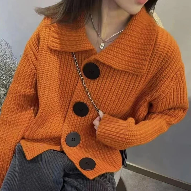 2023 Cashmere cardigan women\'s autumn and winter V-neck long sleeved loose large button lapel wool knitted jacket sweater trend