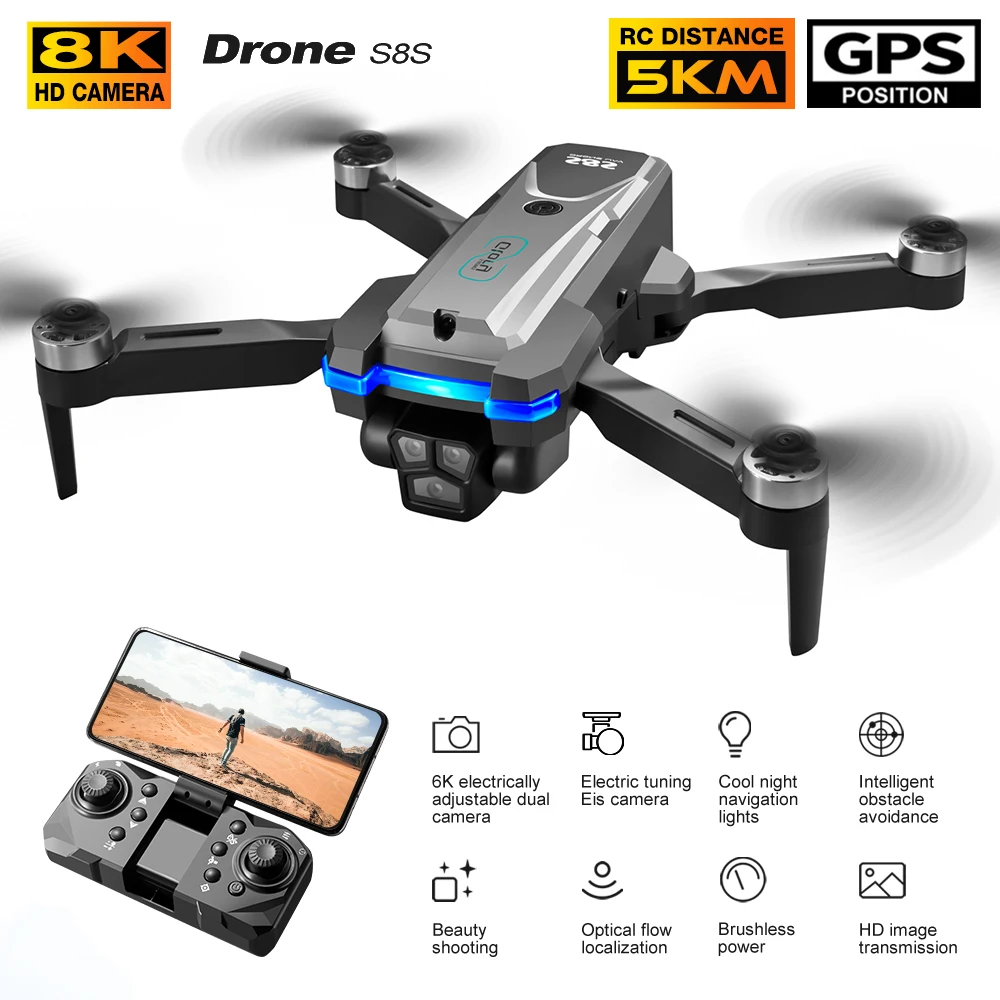 Nowy 8k Professinal S8S RC Drone trzy kamera HD szerokokątne unikanie przeszkód optyczny Dron składany WIFI Quadcopter zabawki