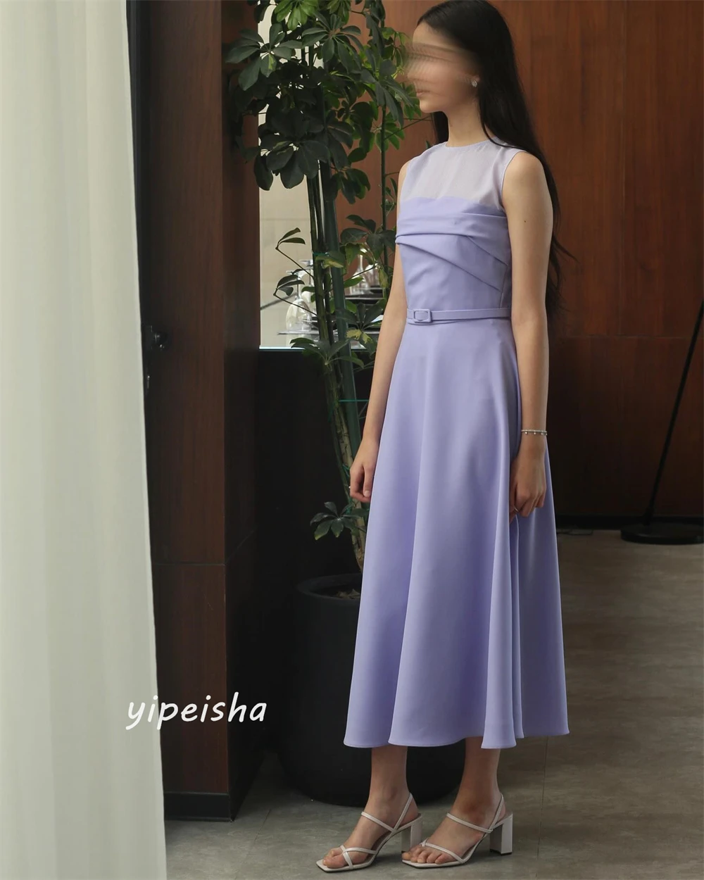 Jiayigong  Satin Pleat Draped Sashes  A-line O-Neck Bespoke Occasion Dresses Ankle-Length