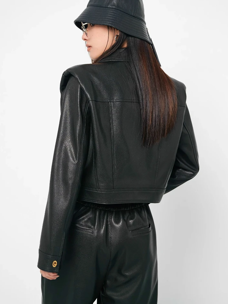 Elegant Genuine Leather Cropped Jackets Women Spring Autumn High-end Simple Shoulder Pad Design Soft Black Real Sheepskin Coat