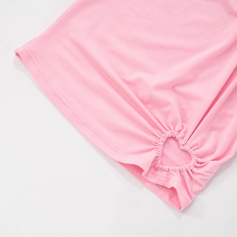 CUTENOVA Women'S Sweet Solid Color Love Hollow Out Slim Irregular Pleated Long-Sleeved T-Shirt Top Summer New Casual Simple Tops