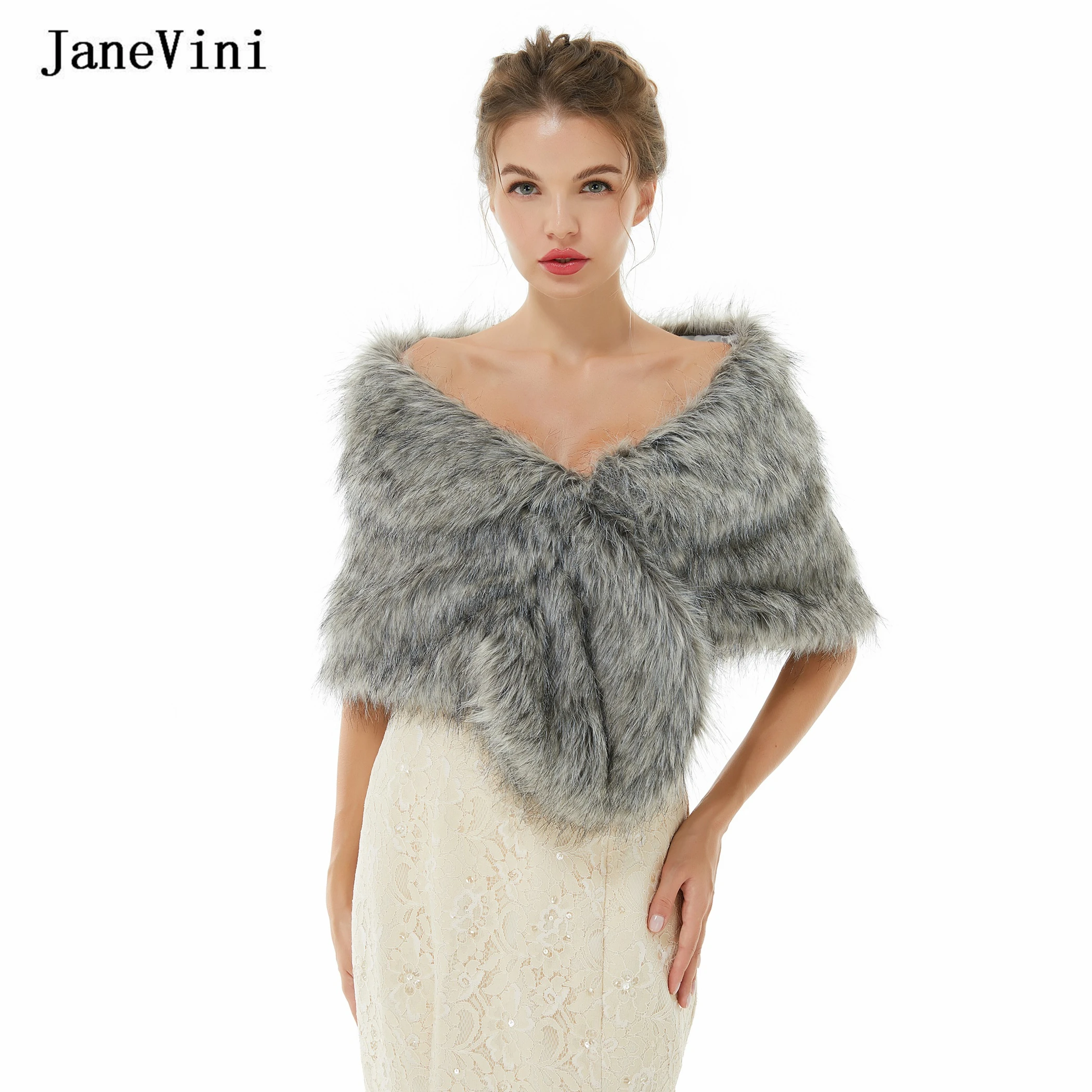 

JaneVini New Winter Bolero Femme Fur Shawl Grey Cape Bridal Faux Fur Coat Jacket Party Prom Wrap Shrug Women Wedding Accessories