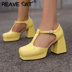 REAVE CAT Women Pumps Toe Chunky High Heels 9.5cm Platform 2cm Buckle T-Strap 47 48 Fashion Dating Girls Shoes