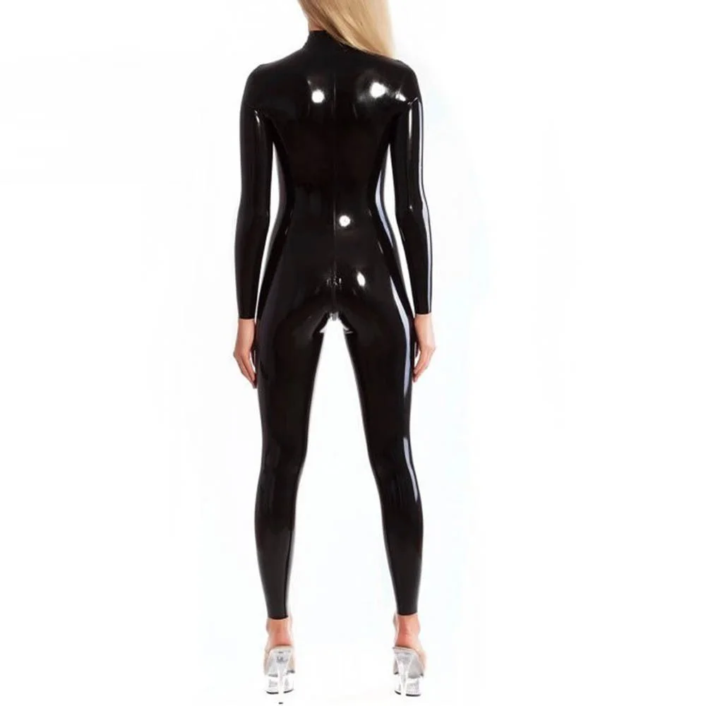 Women Lady Sexy One Piece Bodysuit Faux Leather Long-sleeved High Neck Catwalk Performance