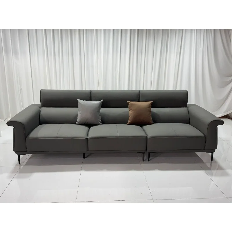Italian light luxury minimalist first-layer cowhide sofa living room office simple modern straight row three-person leather sofa