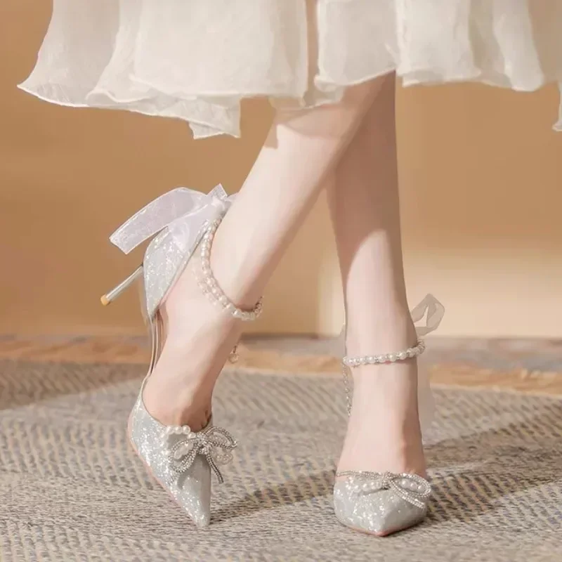 Elegant Ladies Inmitation Pearls Ankle Strap Pump High Heel Shoes for Wedding Silk Back Bowtie Shoes Woman Spring