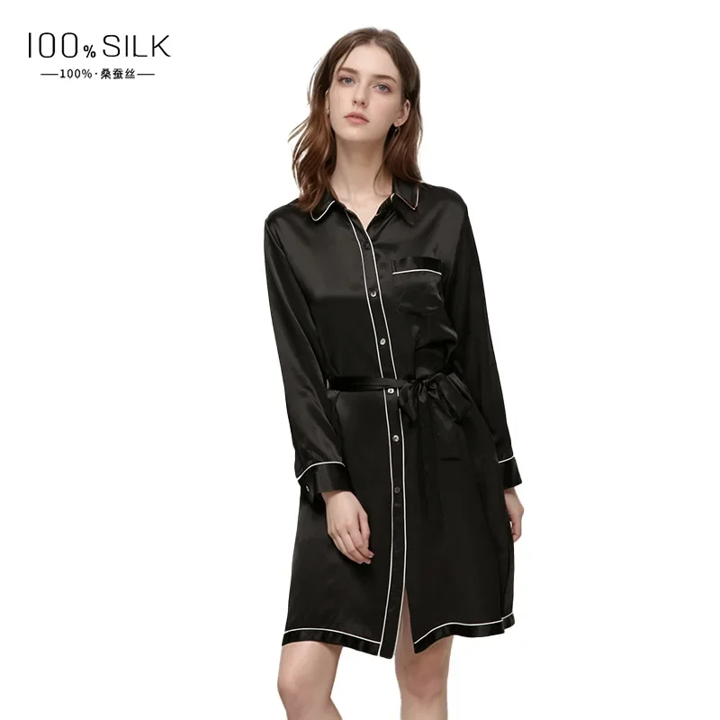 

100% Mulberry Silk Cardigan Nightdress Long Sleeve Nightgown Solid Color Sleep Dress Belted Chemise Nightshirts Sleepwear Nighty