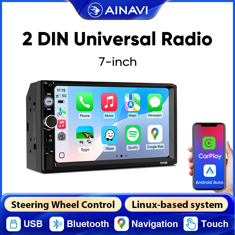 AINAVI 7 Zoll Universal-Autoradio 2 Din Carplay 2DIN Android Auto Multimedia-Player MP5 Bluetooth 5.0 USB-Ladefunktion TF-Kartensteckplatz Linux-System IPS-Touchscreen CVBS-Rückfahrkamera K70