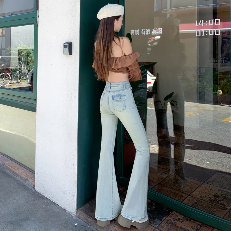 

Повседневные женские джинсы с высокой талией, широкие брюки, эластичные джинсовые брюки, расклешенные брюки в стиле ретро, синие, с контролем живота, удобная посадка
