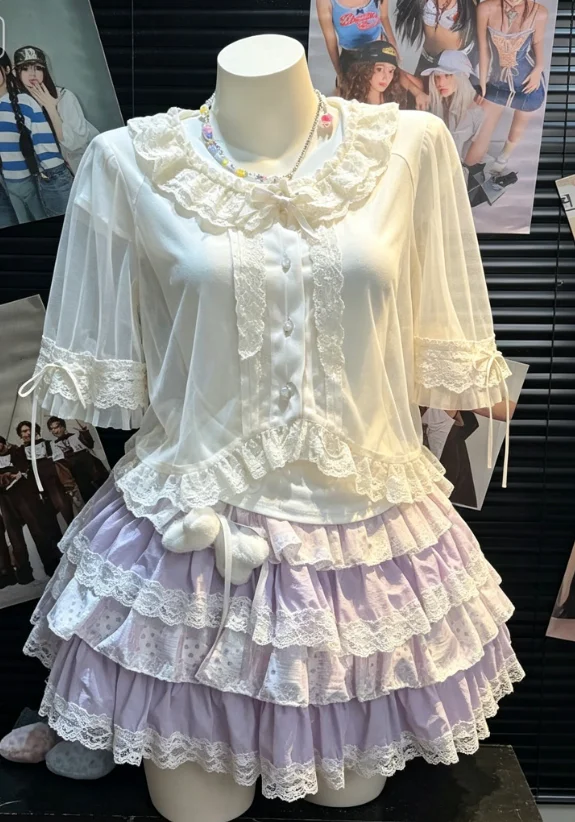 Lace Bow Short Sleeve Shirt Japanese Subcultural Lolita Blouse Women Sweet Cute Inner Tops Harajuku Daily Casual Fashion Outfit
