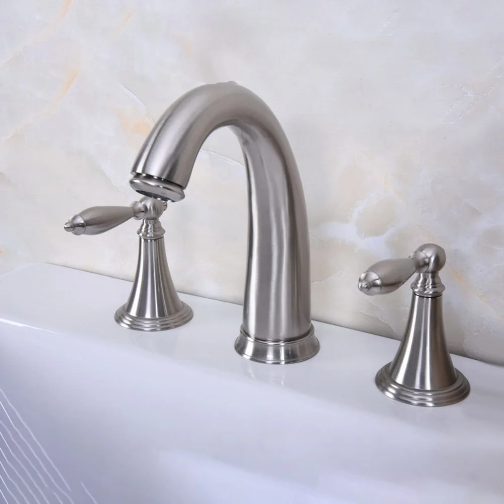 Brushed Nickel Brass Widespread Deck-Mounted Tub 3 Holes Dual Lever Handles Kitchen Bathroom Tub Sink Basin Faucet Tap  mbn016