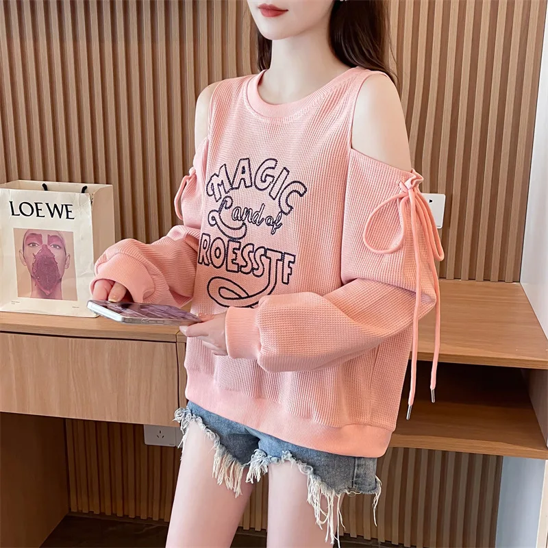 Off-the-shoulder round neck sweater women's autumn and winter 2024 thin loose Korean letter Waffle design long-sleeved top