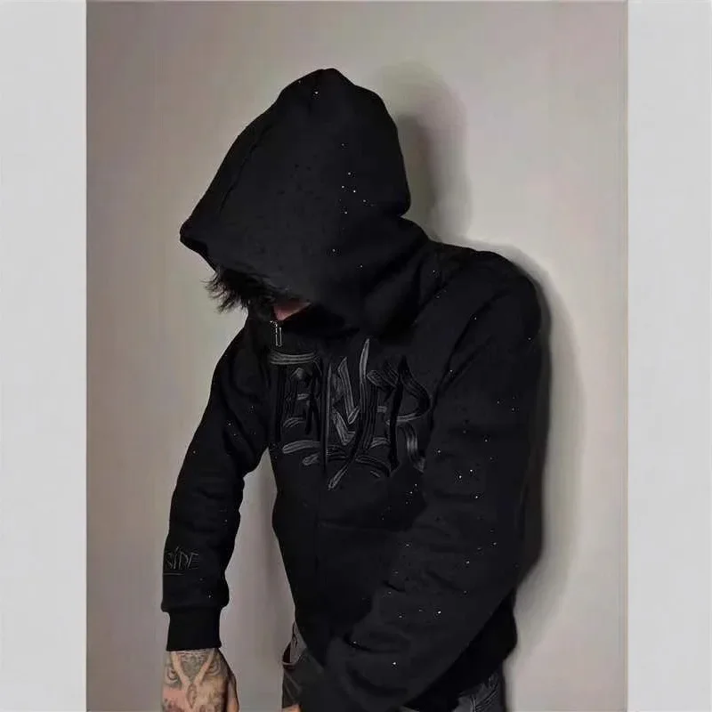 

Zipper Loose Fit Hoodie Sweatshirt Men's Street Style Embroidery Black Zipper Jacket Casual Comfortable Polyester Fiber