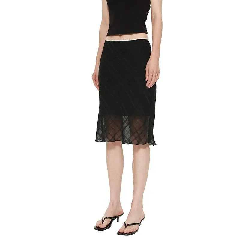 Women Low Waist Plaid Midi Skirt Diagonal Cut Chiffon Slim Casual Summer Skirt