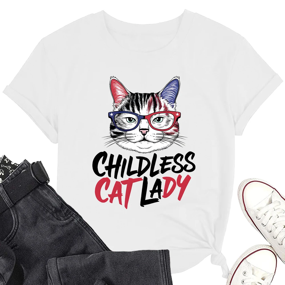 Childless Cat Lady Kamala Short Sleeve T-shirt Fashionable Cotton Tee Casual Shirts