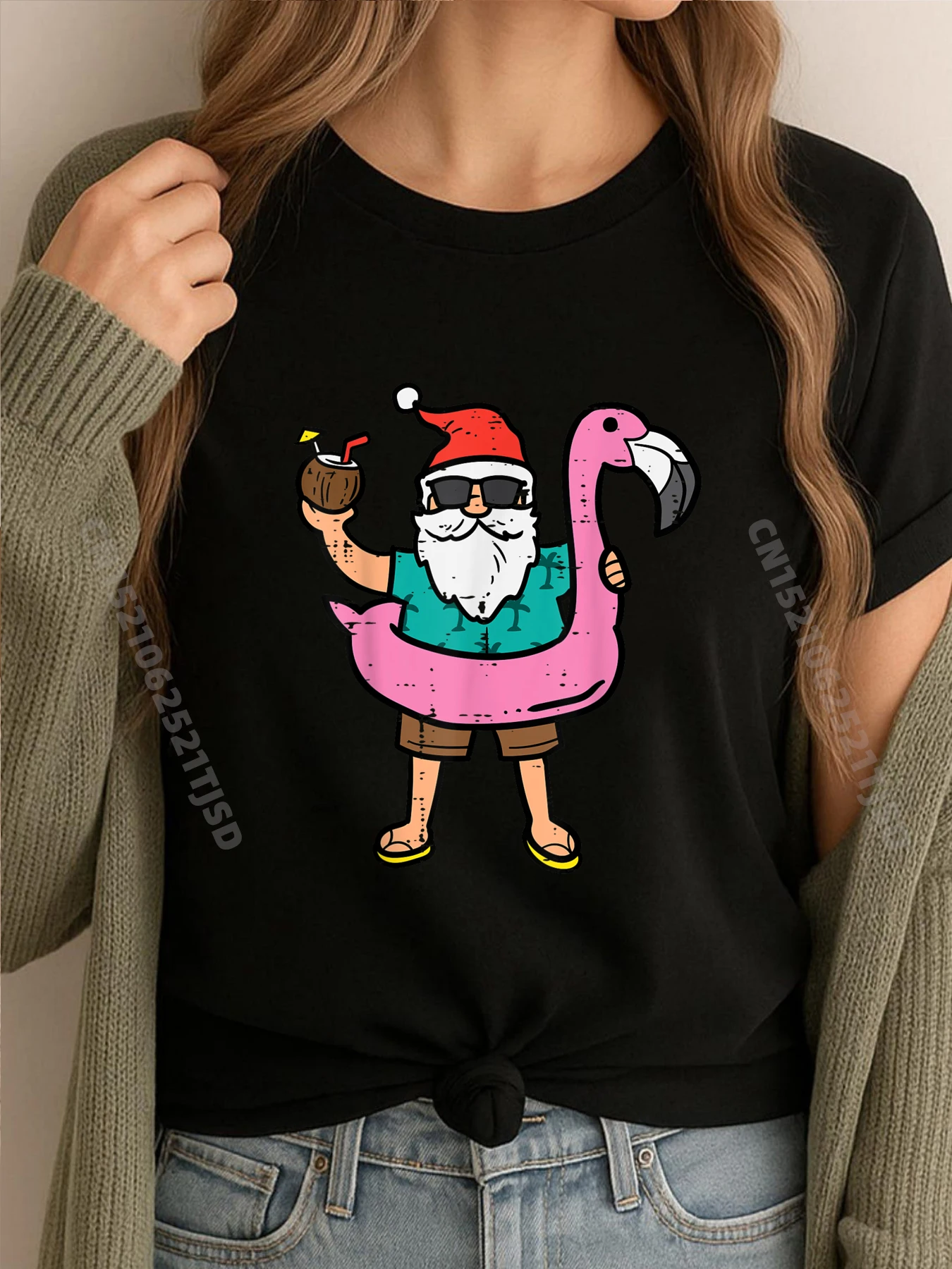 

Santa On Flamingo Floatie Cute Christmas In July Xmas Summer Street Wear T Shirt Funny Gifts Casual
