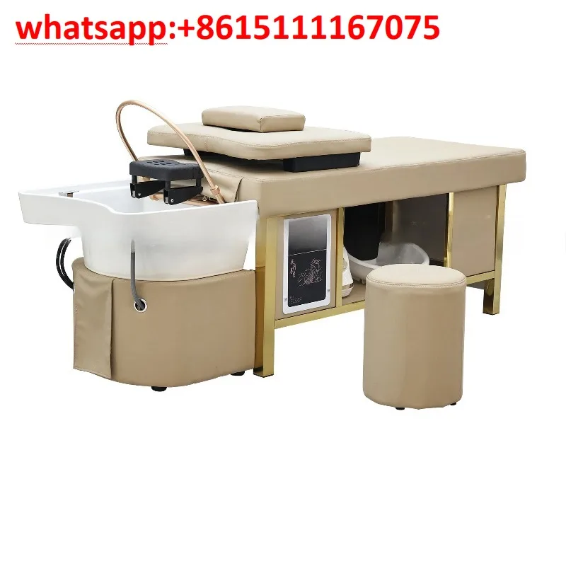 Beauty Sal on Head Spa Shampoo Bed, Gold Frame Flat Lying Massage Bed with Water Circulation & Fumigation