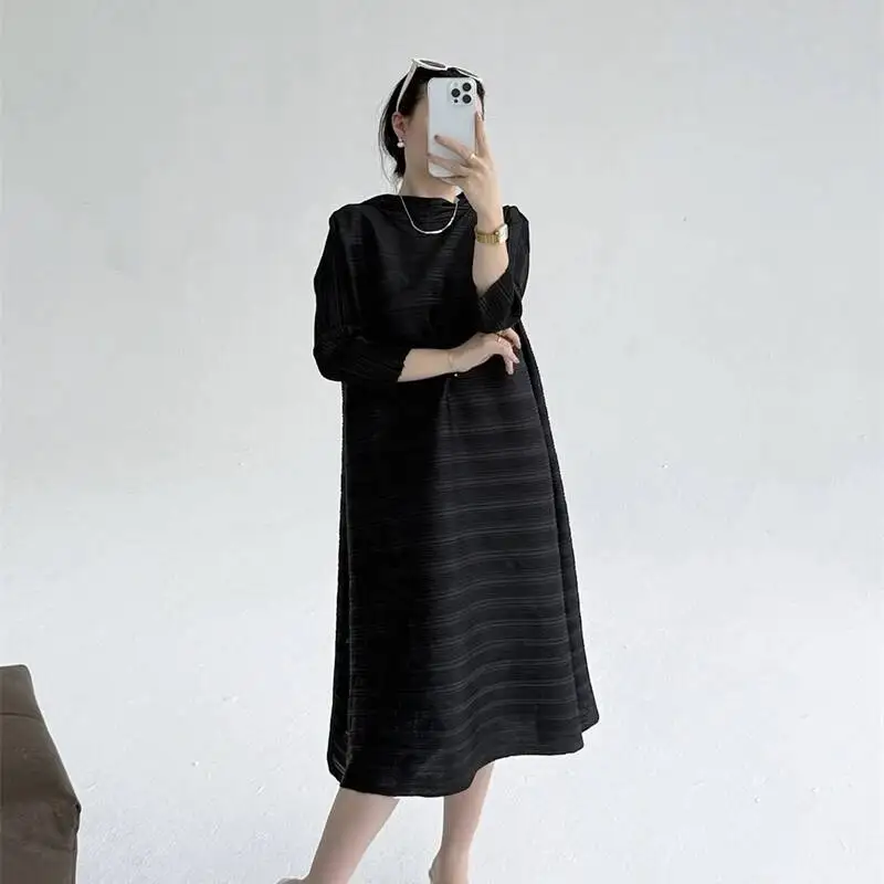 

Collar Loose Stand Elegant Women's Pleated Long Dress 2025 New Casual Simple Chic Three Quarter Sleeve Dresses 2CCIK