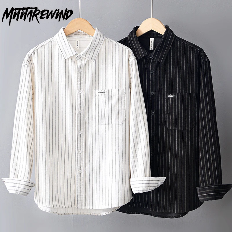 

Long Sleeve Striped Shirt Men Daily Loose Casual Shirts Pure Cotton Button Up Shirt Simple Versatile Tops Japan Vintage Clothes