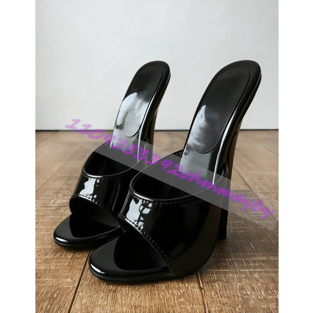 Women'S Black Patent Leather Stiletto Mules Round Toe Slip-On Slides Glossy Minimalist Party Clubwear Summer Dress Heeled Shoes