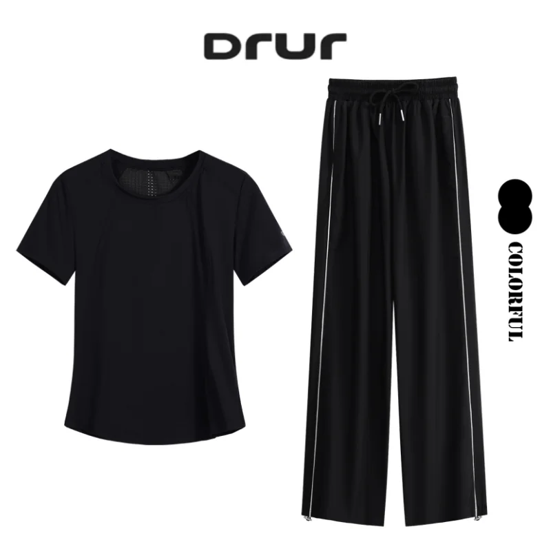 

DRUR 2-х предметный свободный костюм для йоги с коротким рукавом, спортивным топом и широкими брюками с высокой талией, комплект для бега в тренажерном зале, женский спортивный костюм