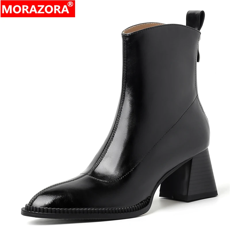 MORAZORA Plus Size 34-42 New Genuine Leather Ankle Boots For Women Shoes Chunky High Heels Boots Fashion Autumn Winter Shoes