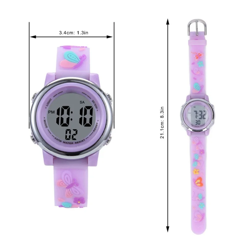 LED enfants montre étanche rétro-éclairage dessin animé numérique enfant montre avec réveil chronomètre pour 3 à 10 ans violet clair
