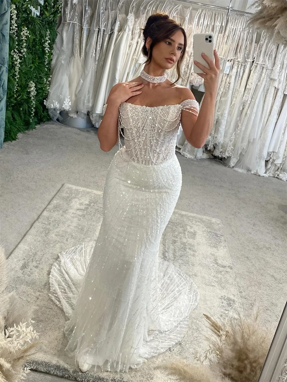 طوكيو مخصص الأبيض قبالة الكتف فستان الزفاف بلا أكمام مثير حورية البحر ثوب الزفاف عودة البريدي انفصال قطار ثوب الزفاف