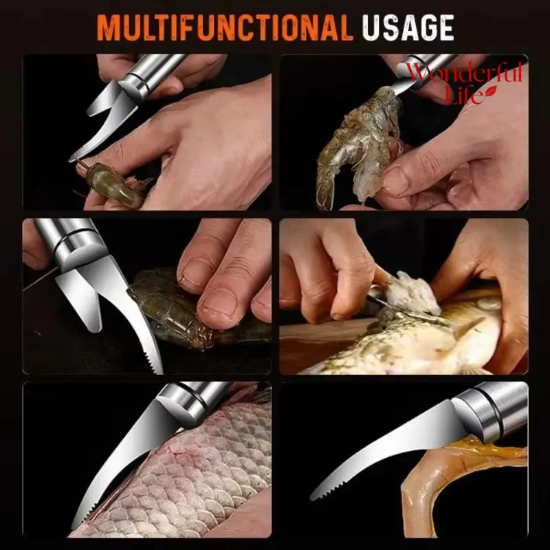 Stainless Steel 6 In 1 Fish Knife Multifunctional Fast Shrimp Peeler Shrimp Line Kitchen Tools Cutting scraping digging Knife