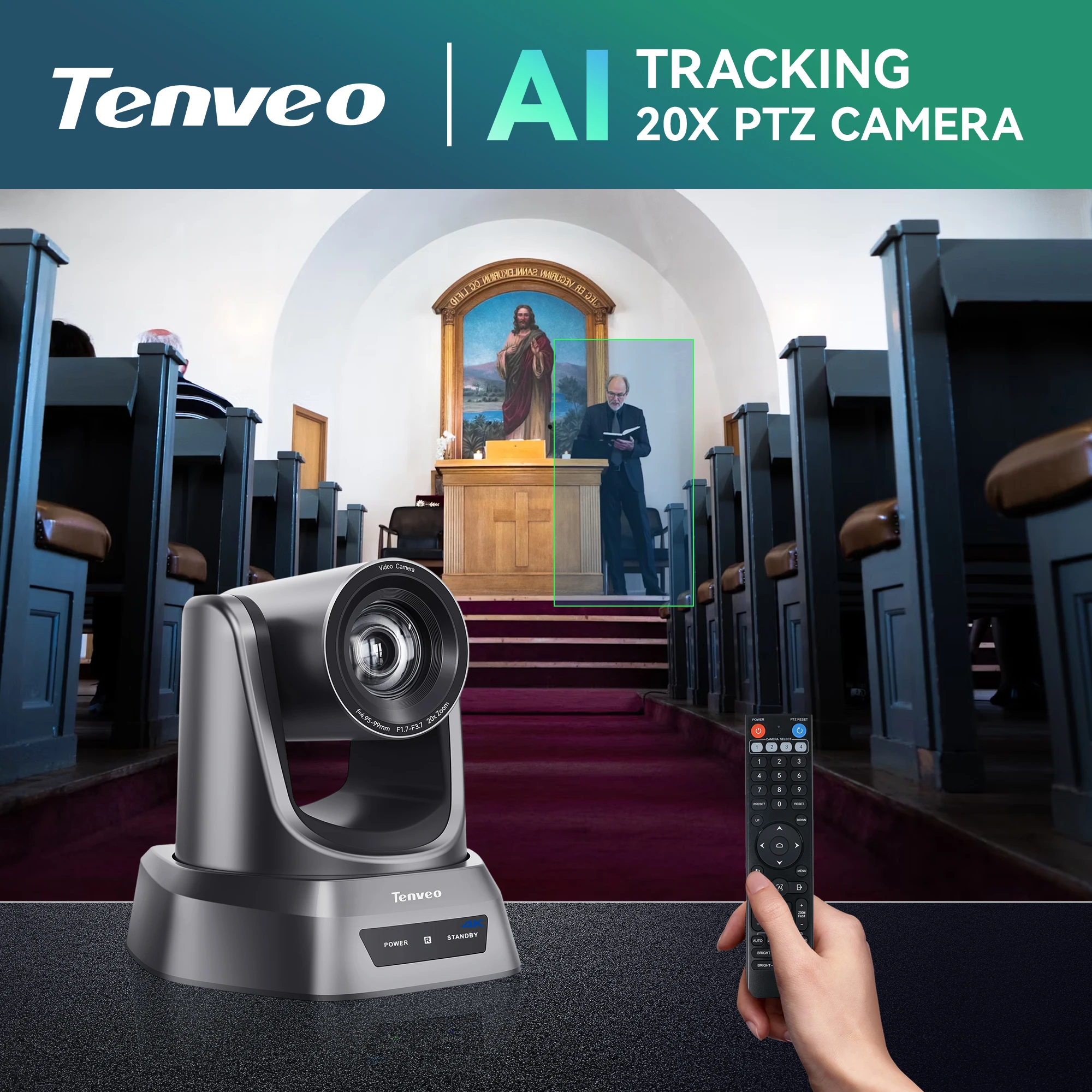 TENVEO NDI PTZ Camera 4K 60FPS 12X Optical Zoom Video Conference System AI Auto-Tracking USB3.0 for Meeting Conference Room view 3