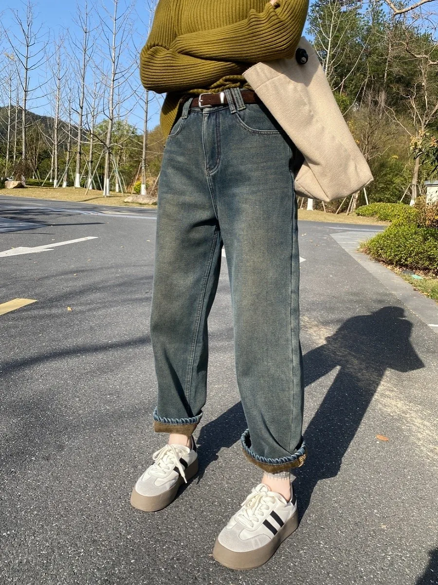 

High Waist Fce Lined Harlan Denim Jeans Women's Spring Autumn Loose Wide Leg Dad Pants Thiened Winter Self Heating