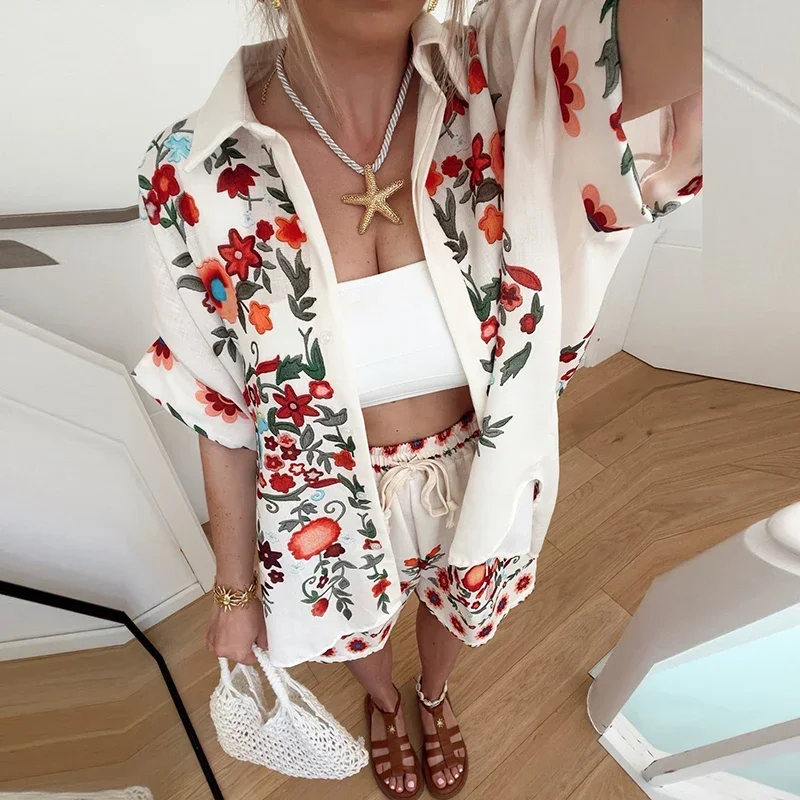 

Vintage Printed Women Cardigan Shirt Elastic Waist Shorts Twp Piece Set Women Summer Casual Holiday Suits Printed Ladies Suits