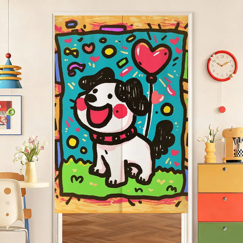 VIKAMA Graffiti Puppy Coffee Cup Noren Door Curtain Color Block Hanging Curtain Kids Room Door Partition Decor Curtain