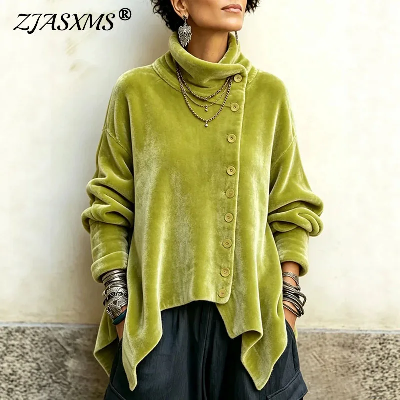 Women Velvet Irregular Hem Jackets High Neck Long Sleeve Button Down Loose Coats Casual Fall Winter Vintage Streetwear Outerwear